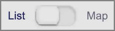 A toggle switch with two options: 'List' on the left and 'Map' on the right. The switch is currently in the middle position, not fully toggled to either option. The 'List' and 'Map' texts are in blue and grey, respectively.