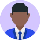Profile icon of a stylized male figure with black hair and a blue suit, set against a purple circular background.