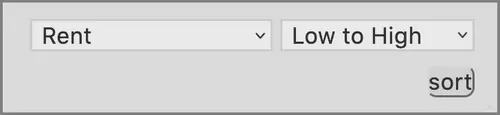 A user interface element showing two dropdown menus and a sort button. The first dropdown menu is labeled 'Rent,' and the second dropdown menu is set to 'Low to High.' There is a 'sort' button on the right side of the dropdown menus.